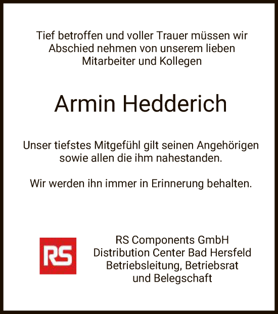 Traueranzeige von Armin Hedderich von HZHNA
