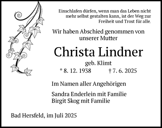 Traueranzeige von Christa Lindner von HZ