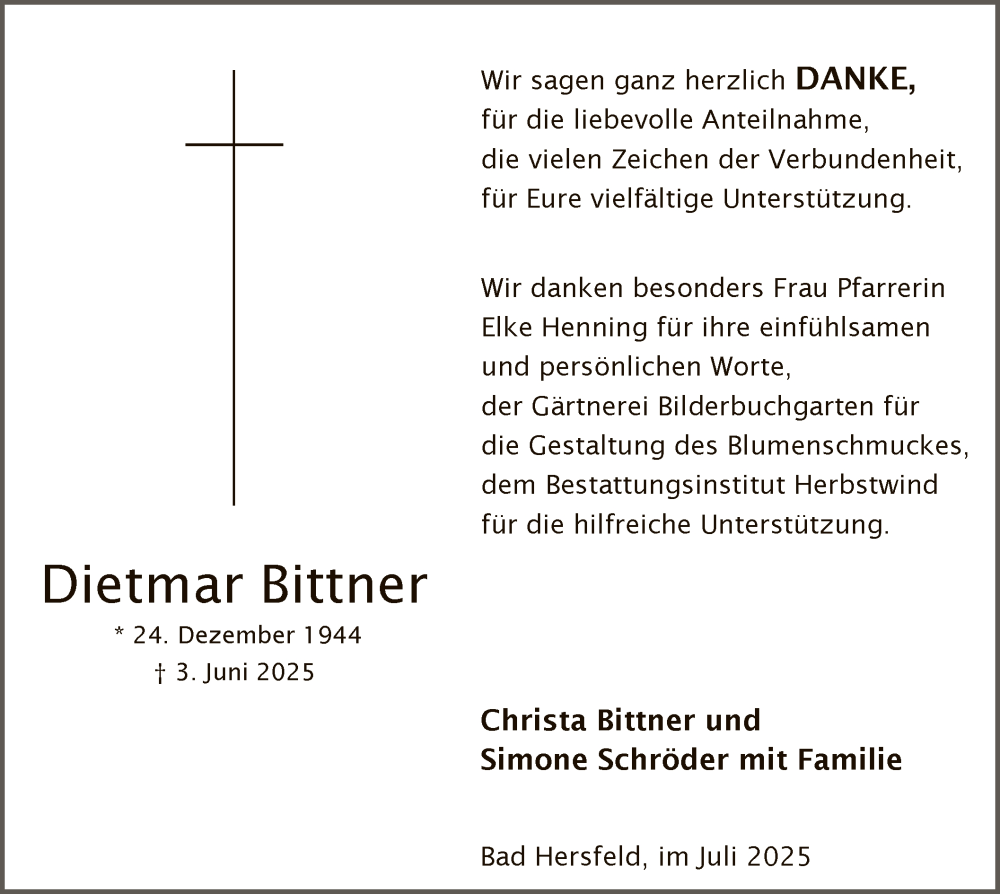  Traueranzeige für Dietmar Bittner vom 19.07.2025 aus HZ