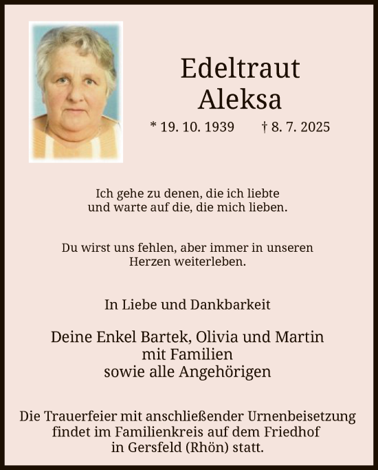 Traueranzeige von Edeltraut Aleksa von HZHN