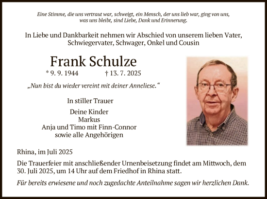 Traueranzeige von Frank Schulze von HZHN