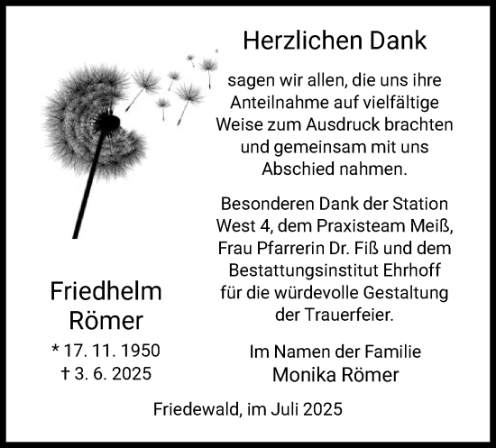 Traueranzeige von Friedhelm Römer von HZ