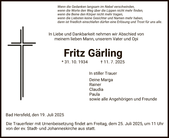 Traueranzeige von Fritz Gärling von HZ