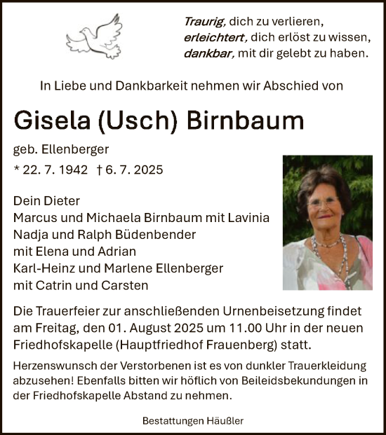 Traueranzeige von Gisela Birnbaum von HZHN