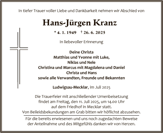 Traueranzeige von Hans-Jürgen Kranz von HZHN