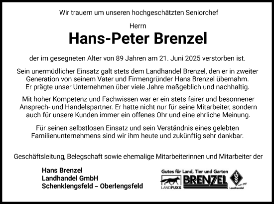 Traueranzeige von Hans-Peter Brenzel von HZHNFU