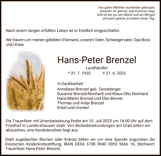 Traueranzeige von Hans-Peter Brenzel von HZHNFU