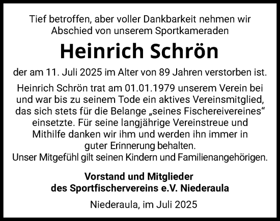 Traueranzeige von Heinrich Schrön von HZ