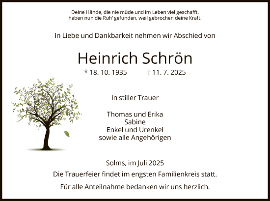Traueranzeige von Heinrich Schrön von HZ