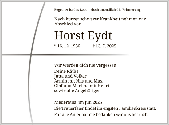 Traueranzeige von Horst Eydt von HZ
