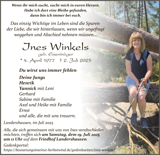 Traueranzeige von Ines Winkels von HZ