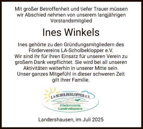 Traueranzeige von Ines Winkels von HZ