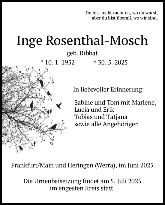 Traueranzeige von Inge Rosenthal-Mosch von HZ