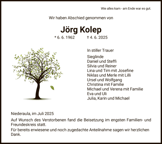 Traueranzeige von Jörg Kolep von HZHNA