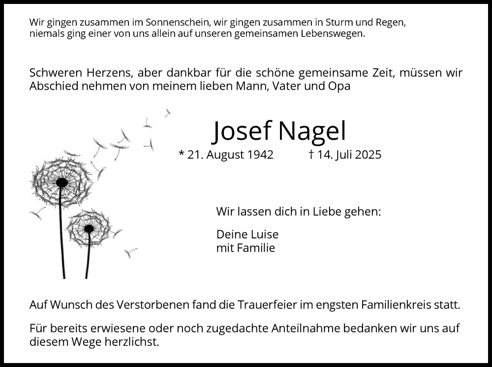  Traueranzeige für Josef Nagel vom 26.07.2025 aus HZ