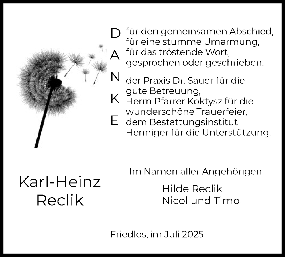  Traueranzeige für Karl-Heinz Reclik vom 19.07.2025 aus HZ