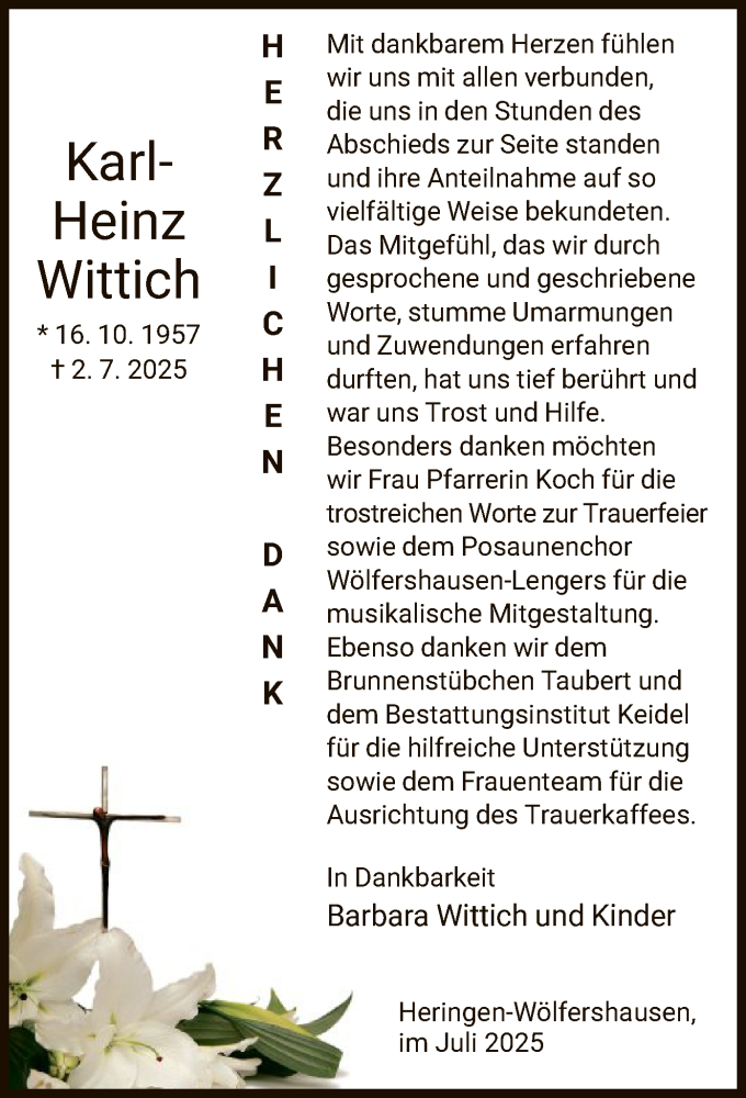  Traueranzeige für Karl-Heinz Wittich vom 25.07.2025 aus HZ