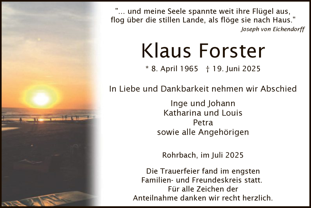  Traueranzeige für Klaus Forster vom 12.07.2025 aus HZ