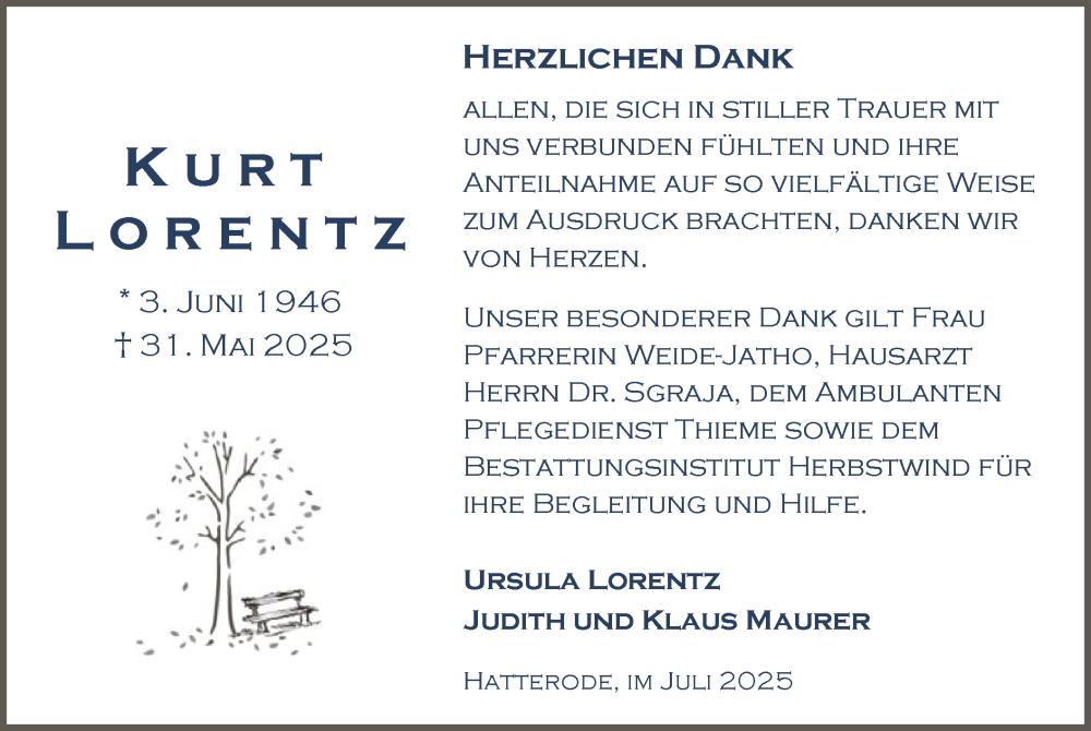  Traueranzeige für Kurt Lorentz vom 19.07.2025 aus HZ