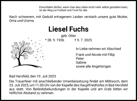 Traueranzeige von Liesel Fuchs von HZ