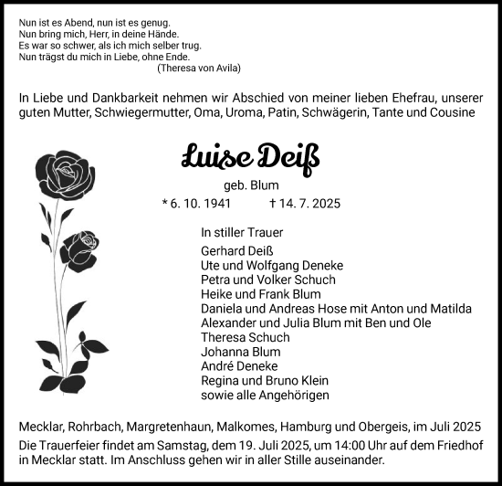 Traueranzeige von Luise Deiß von HZ