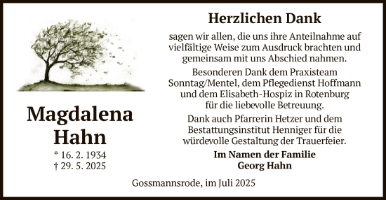 Traueranzeige von Magdalena Hahn von HZ