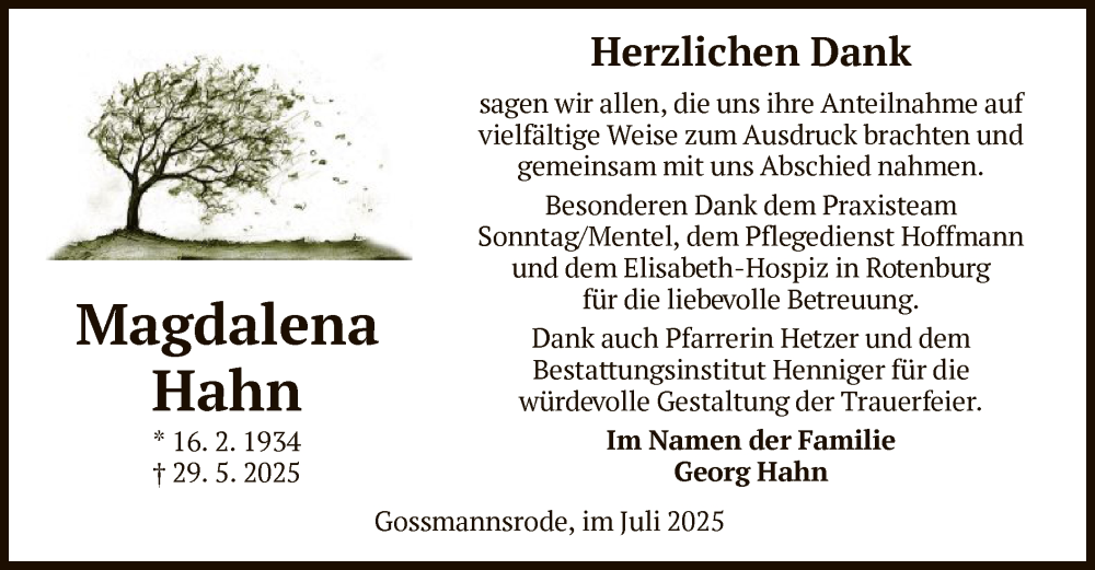  Traueranzeige für Magdalena Hahn vom 19.07.2025 aus HZ