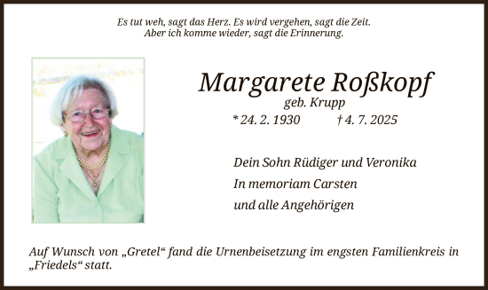Traueranzeige von Margarete Roßkopf von HZHN