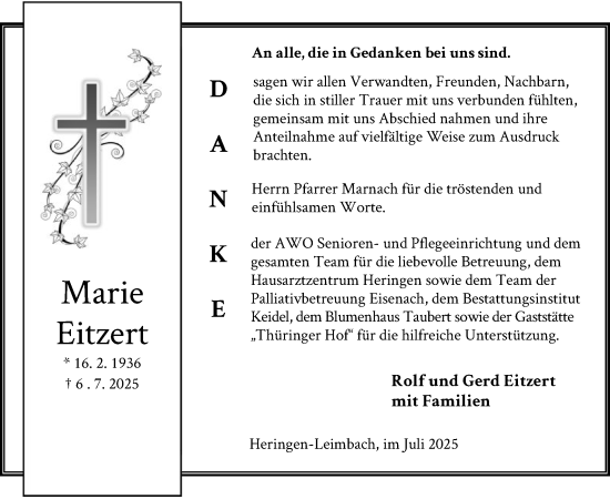 Traueranzeige von Marie Eitzert von HZ
