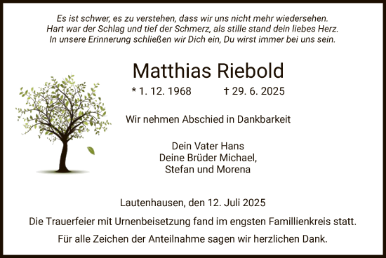 Traueranzeige von Matthias Riebold von HZHN