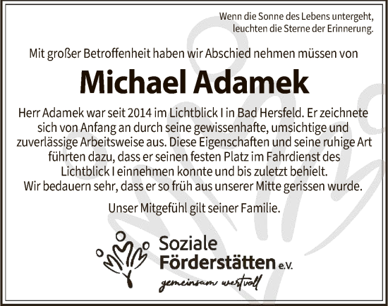 Traueranzeige von Michael Adamek von HZ