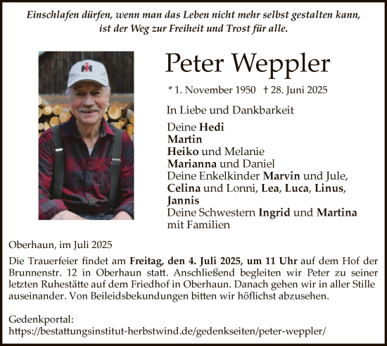 Traueranzeige von Peter Weppler von HZ
