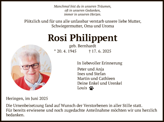 Traueranzeige von Rosi Philippent von HNHZ