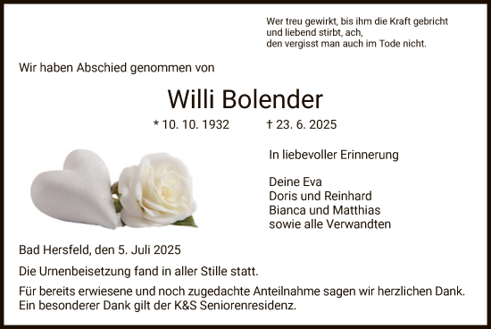 Traueranzeige von Willi Bolender von HZ