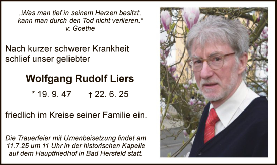 Traueranzeige von Wolfgang Rudolf Liers von HZHNA