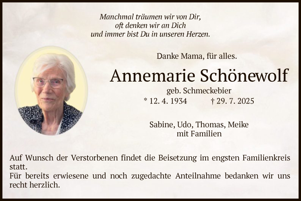  Traueranzeige für Annemarie Schönewolf vom 23.08.2025 aus HZHN
