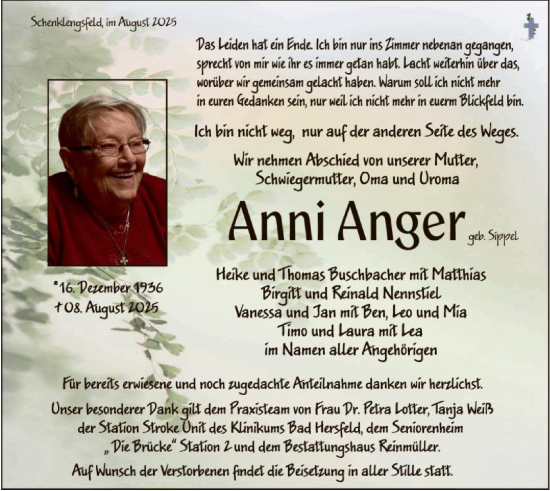 Traueranzeige von Anni Anger von HZHN
