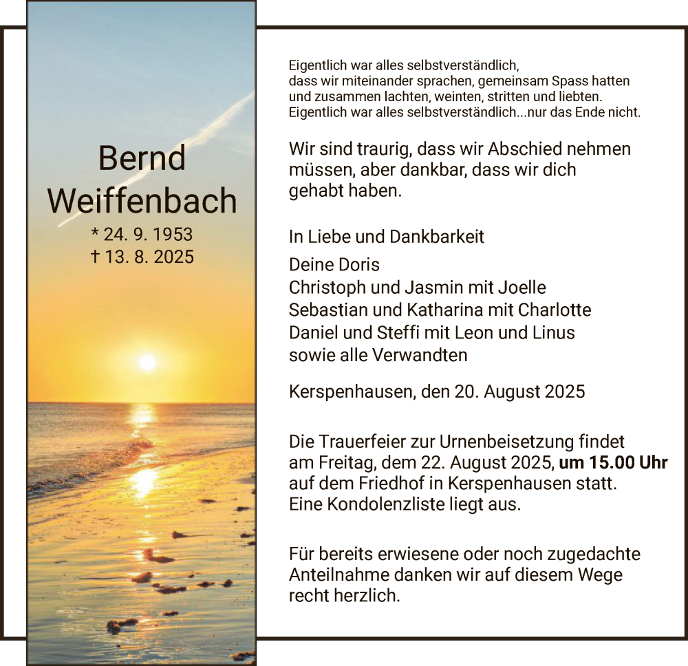  Traueranzeige für Bernd Weiffenbach vom 20.08.2025 aus HZ