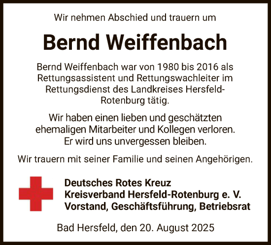 Traueranzeige von Bernd Weiffenbach von HZ