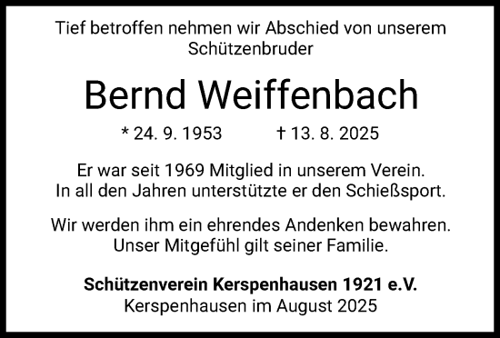 Traueranzeige von Bernd Weiffenbach von HZ