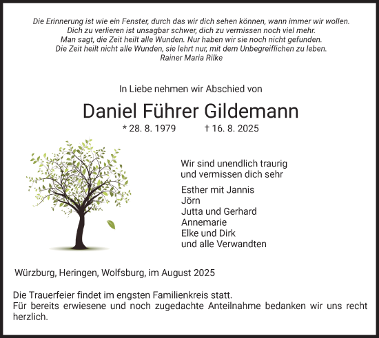 Traueranzeige von Daniel Führer Gildemann von HZ