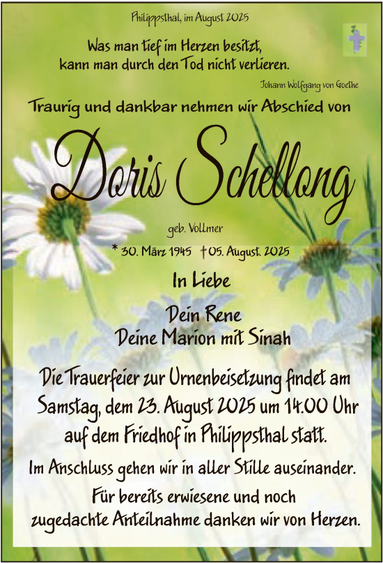 Traueranzeige von Doris Schellong von HZHN
