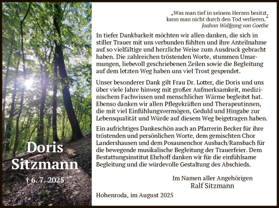 Traueranzeige von Doris Sitzmann von HZ
