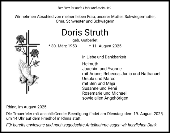 Traueranzeige von Doris Struth von HZHN