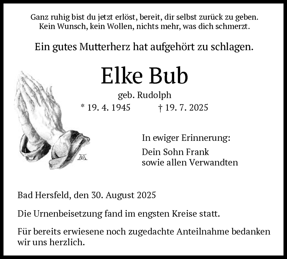  Traueranzeige für Elke Bub vom 30.08.2025 aus HZHN