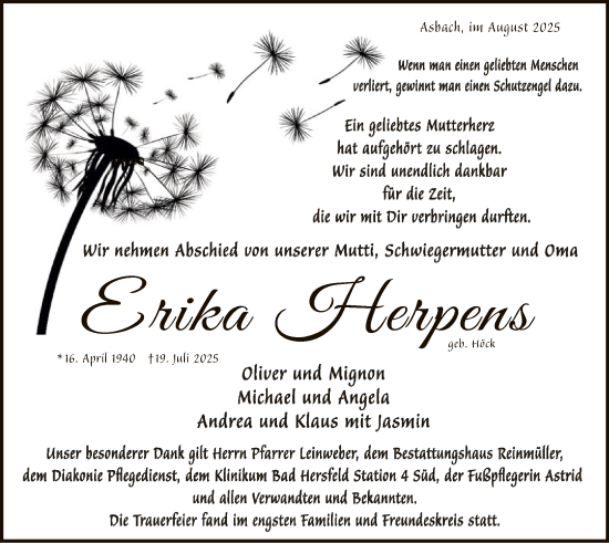 Traueranzeige von Erika Herpens von HZHN