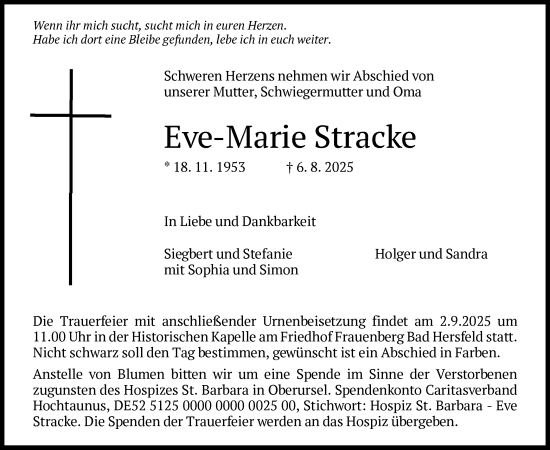 Traueranzeige von Eve-Marie Stracke von HZ