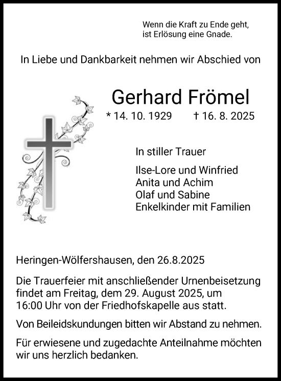 Traueranzeige von Gerhard Frömel von HZ