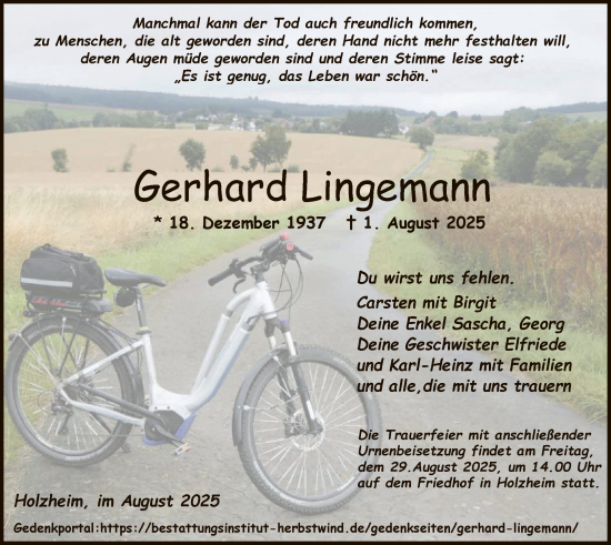 Traueranzeige von Gerhard Lingemann von HZ