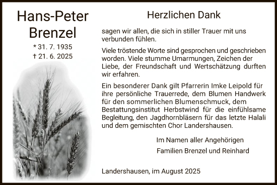 Traueranzeige von Hans-Peter Brenzel von HZHN